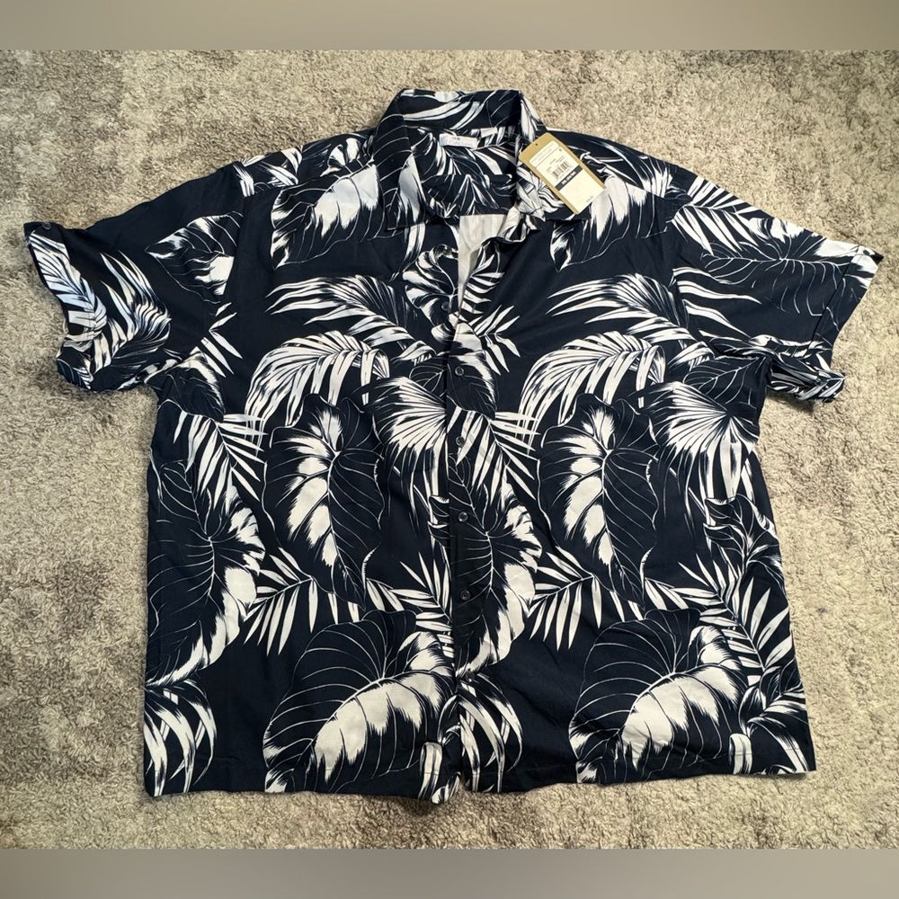 Blue and White Casual Button Down Shirt with Tropical Print